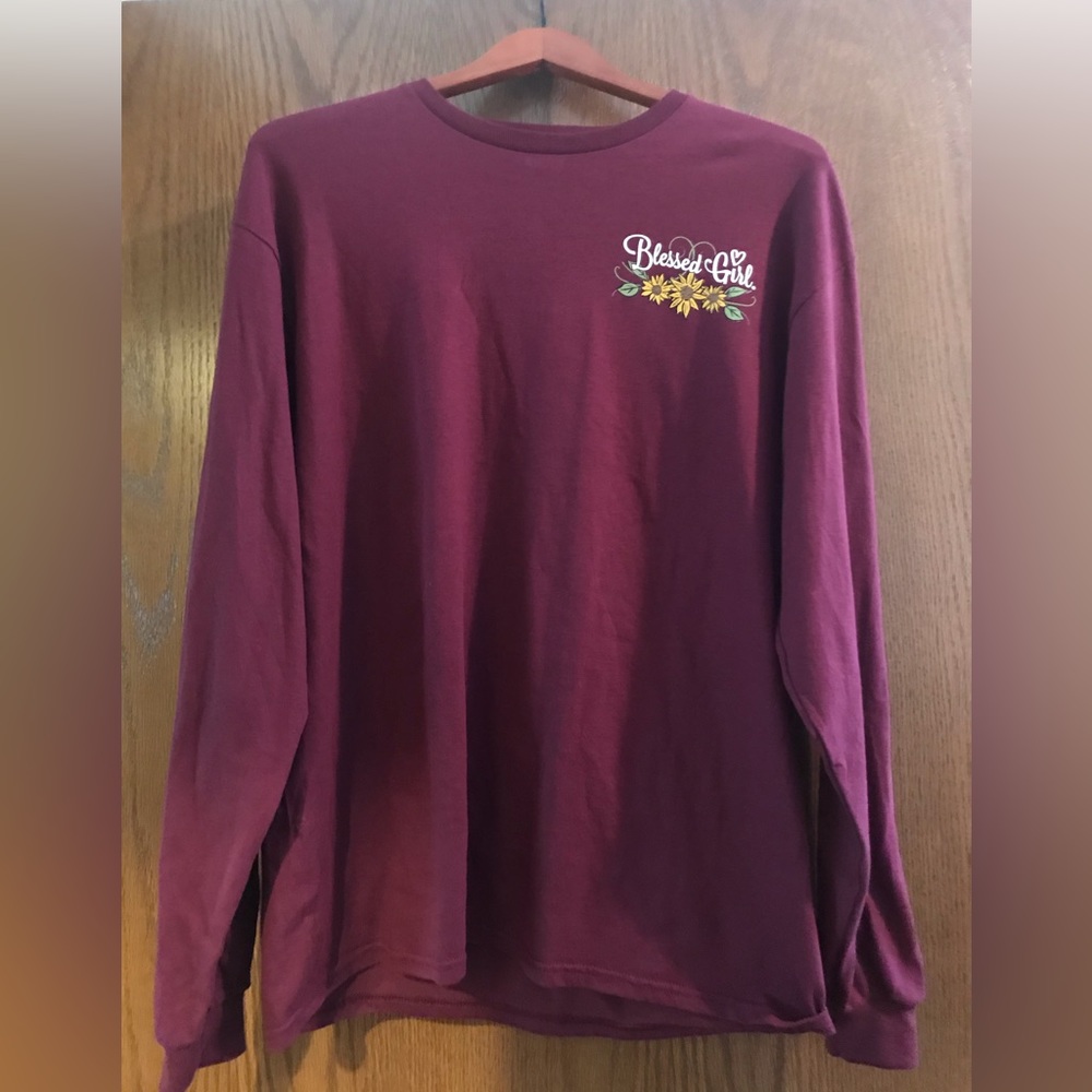 Christian “Blessed Girl” scripture maroon Sunflower long sleeve T-shirt Size L